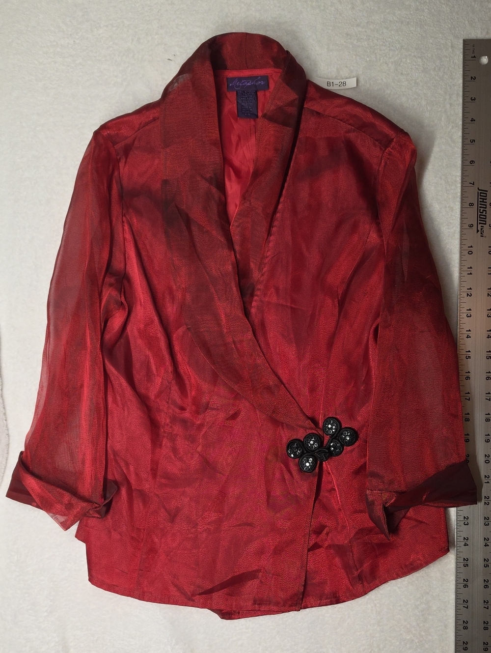 Metaphor Red Satin Shawl-Collar Blazer with Decorative Button Cluster